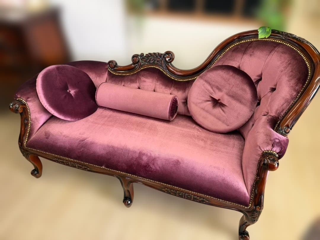 マホガニー　カウチソファ　シェーズロング　ピンク　ベルベット　ソファ　3人掛け