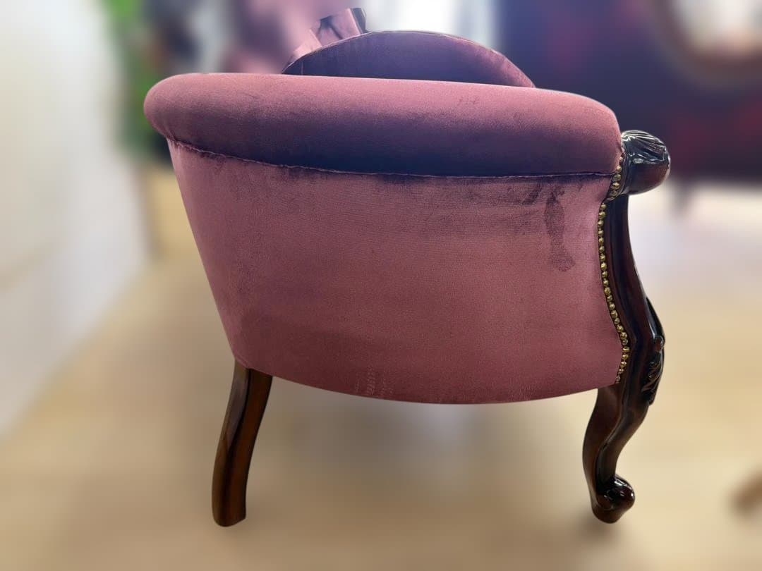 マホガニー　カウチソファ　シェーズロング　ピンク　ベルベット　ソファ　3人掛け