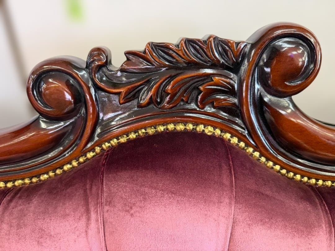 マホガニー　カウチソファ　シェーズロング　ピンク　ベルベット　ソファ　3人掛け