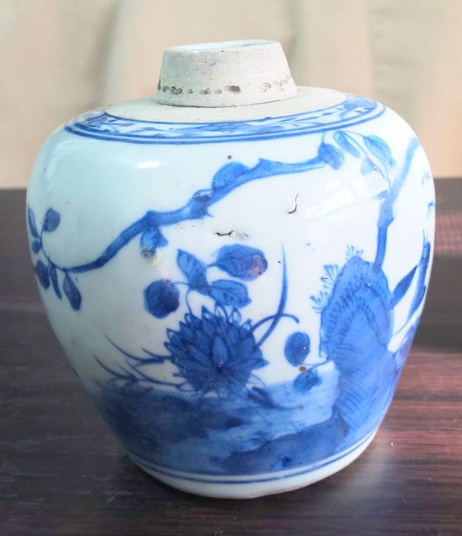 中国美術 明時代 白磁染付花鳥文様 壺型 陶磁器 茶壷