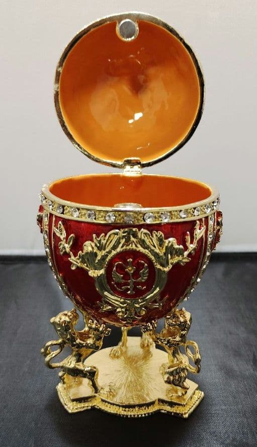 【美品】インペリアル・エッグ風 ジュエリーボックス レッドと馬車　エナメル置物