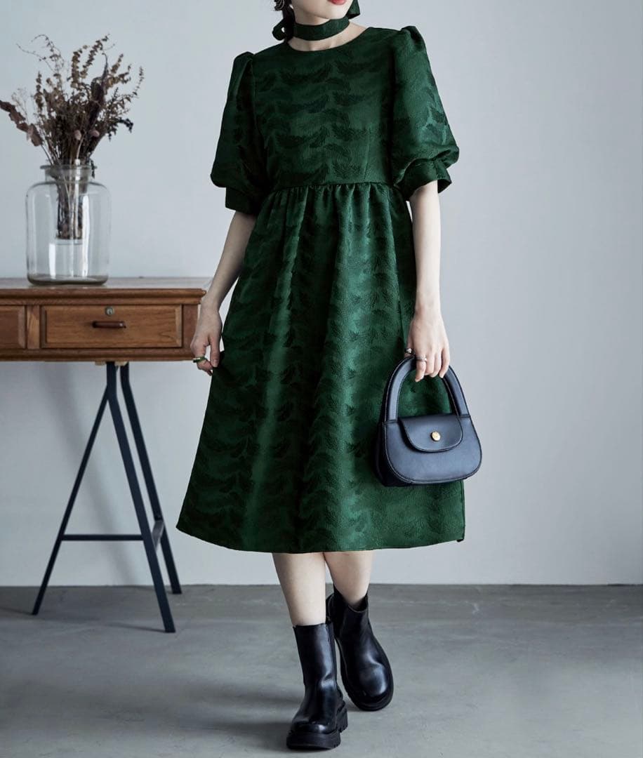 etoll. ジャガードパフスリーブドレス ワンピース リボン付属なし 結婚式