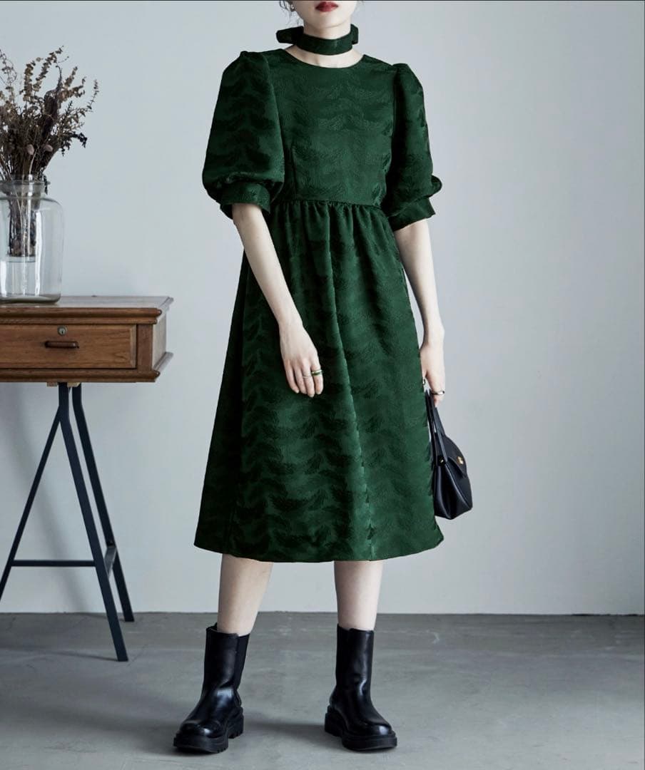 etoll. ジャガードパフスリーブドレス ワンピース リボン付属なし 結婚式
