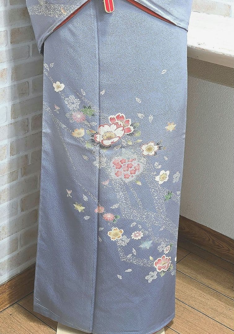 青紫色桜訪問着と袋帯・帯揚げ帯締めの4点フルセット