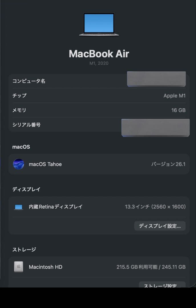 美品　Macbook Air 2020 M1/16GB/256GB