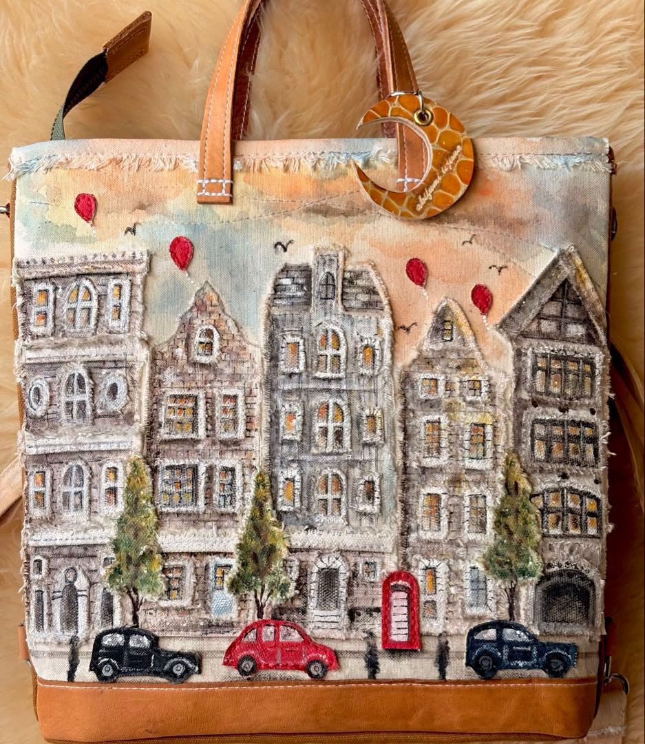 (手づくり)\"赤コントラスト ロンドンストリート\"リュックショルダーバッグ/刺繍