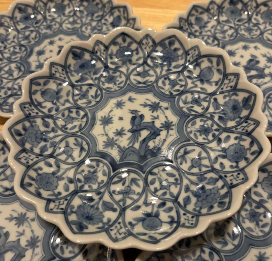 龍峯窯　有田焼　染付　更紗花鳥　花型　楕円　龍峰窯 染付間取花鳥 輪花皿5枚