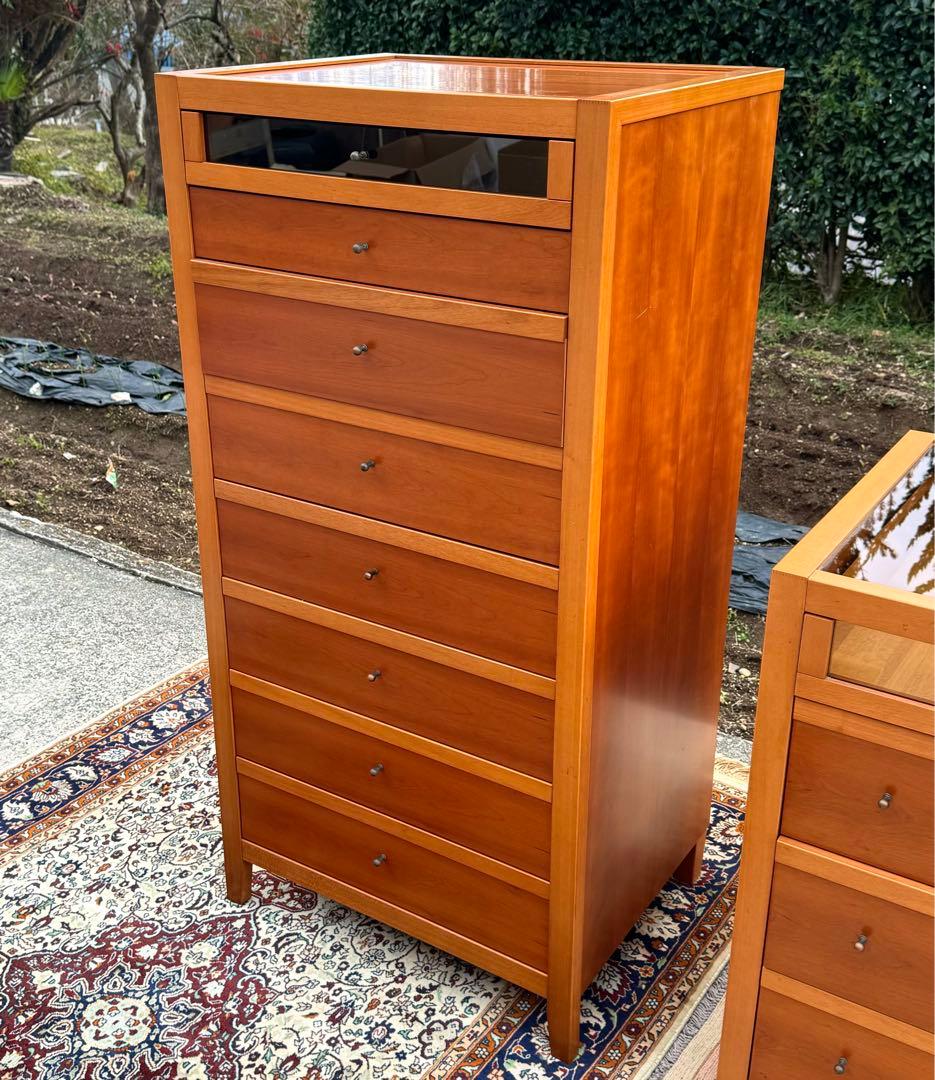 チェリー材 ハイチェスト 8段 ガラス引出し付 北欧モダン