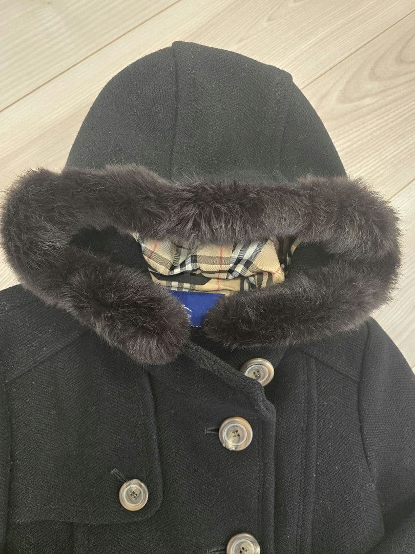 バーバリーブルーレーベル　M　フード付き黒ウールピーコート