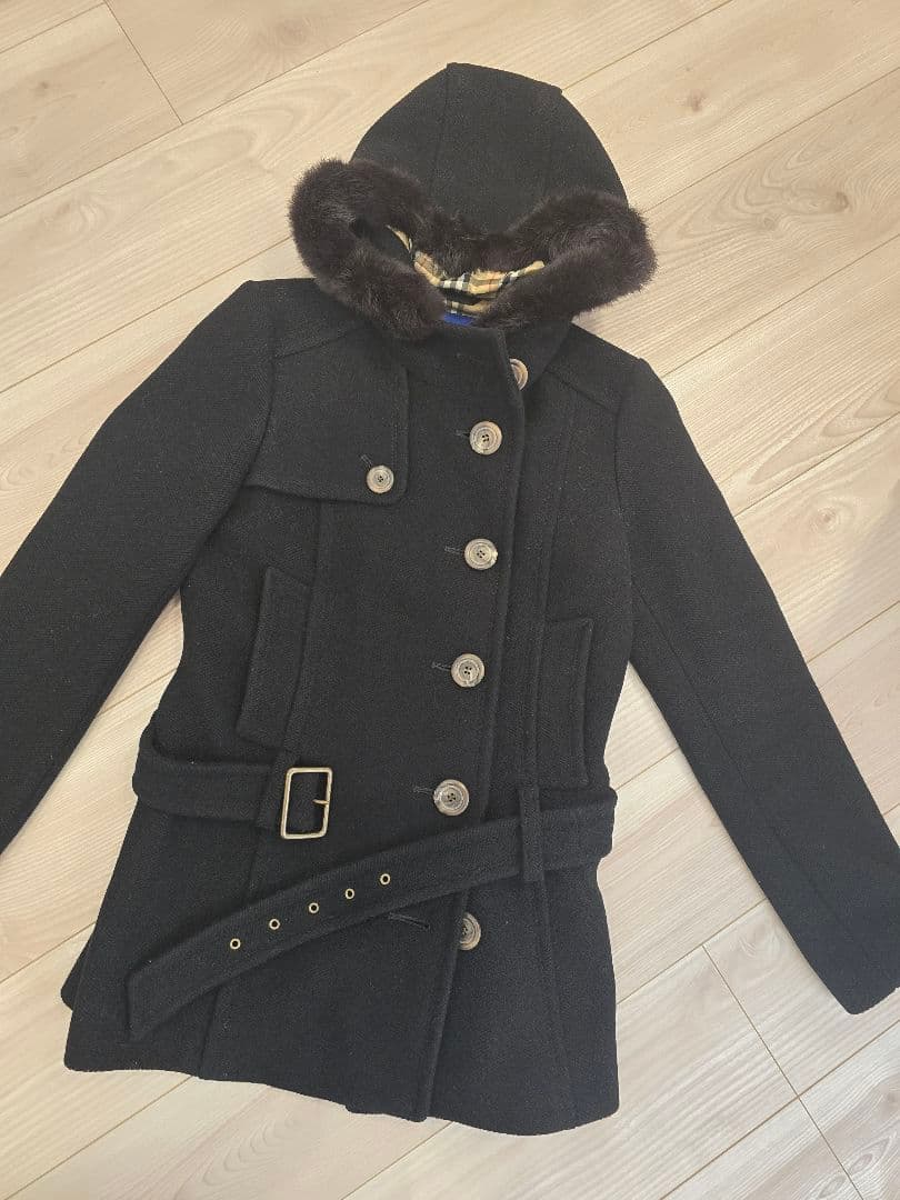 バーバリーブルーレーベル　M　フード付き黒ウールピーコート