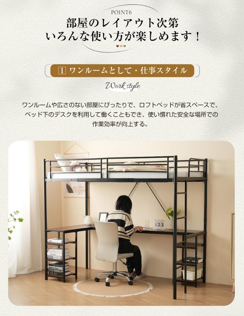 ロフトベッド パイプベッド シングル デスク付き 収納棚 ハシゴ付き 左右入れ替