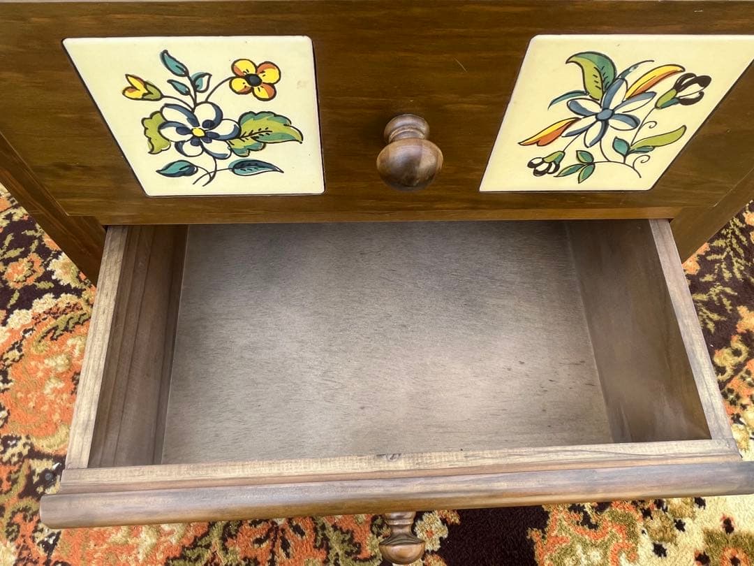 北欧 昭和レトロ 花柄タイル 木製チェスト 4段 箪笥 カントリー アンティーク