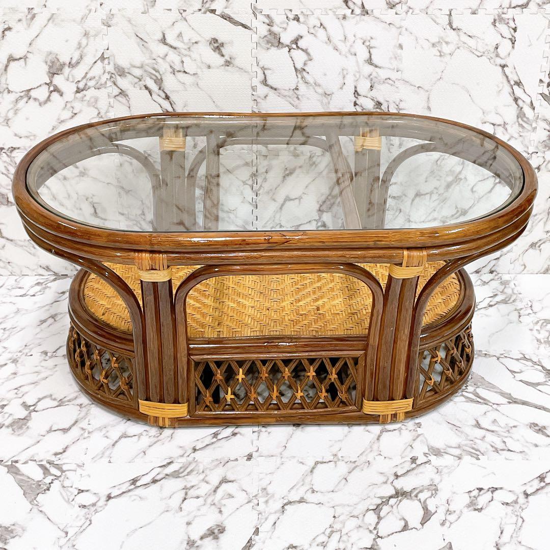 ラタン 籐 センターテーブル ガラステーブル オーバル