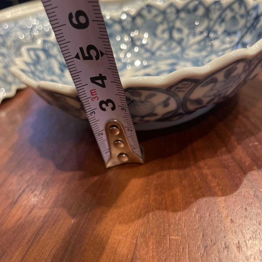 龍峰窯　花鳥図　染付　中鉢揃　5枚セット　中皿　輪花皿　古伊万里　更紗