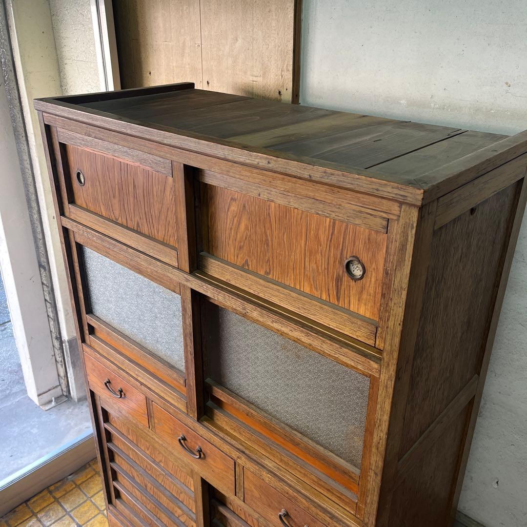 水屋箪笥 昭和初期 ガラス扉 キャビネット 引き出し三杯