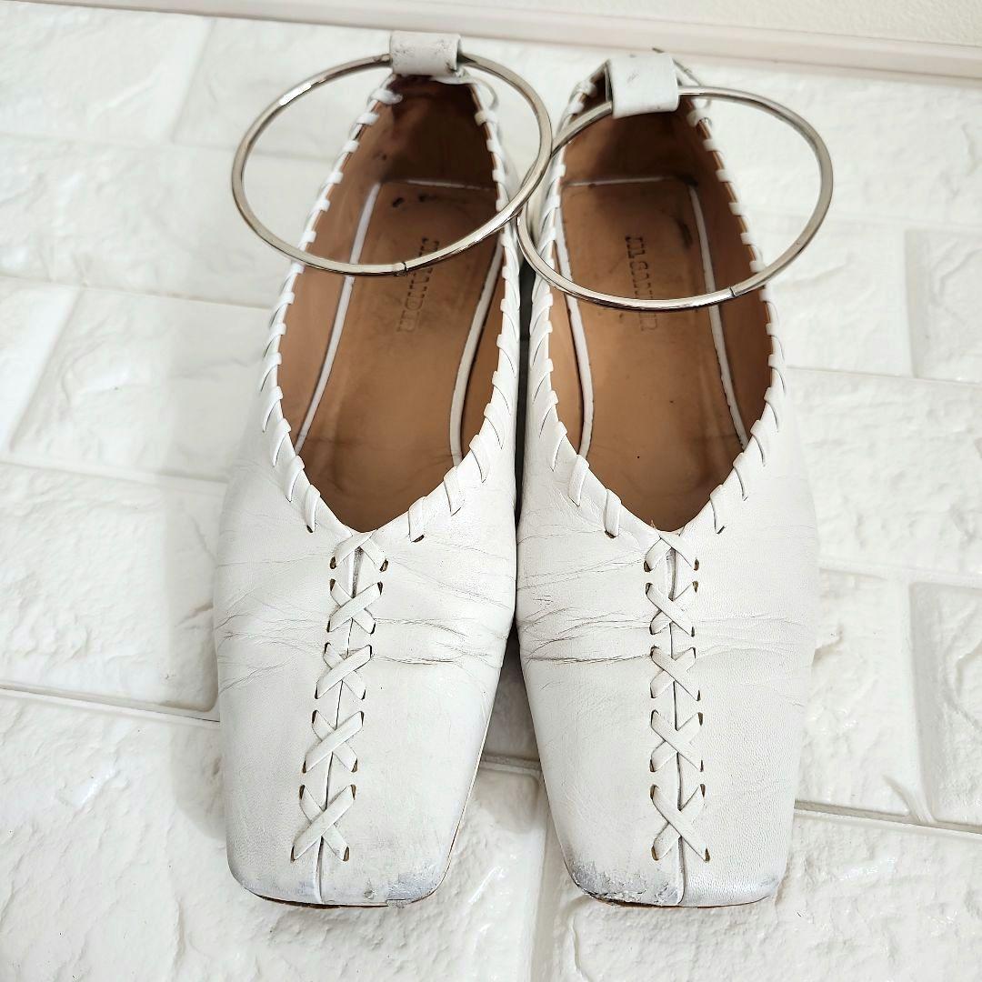 ジル・サンダー　ホワイト レザー フラットシューズ 編み込み　箱袋付