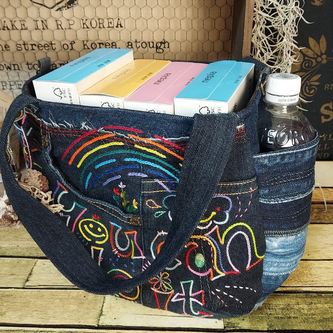 刺繍デニムバック　No.671　デニムリメイク　刺繍バック　サイドポケット