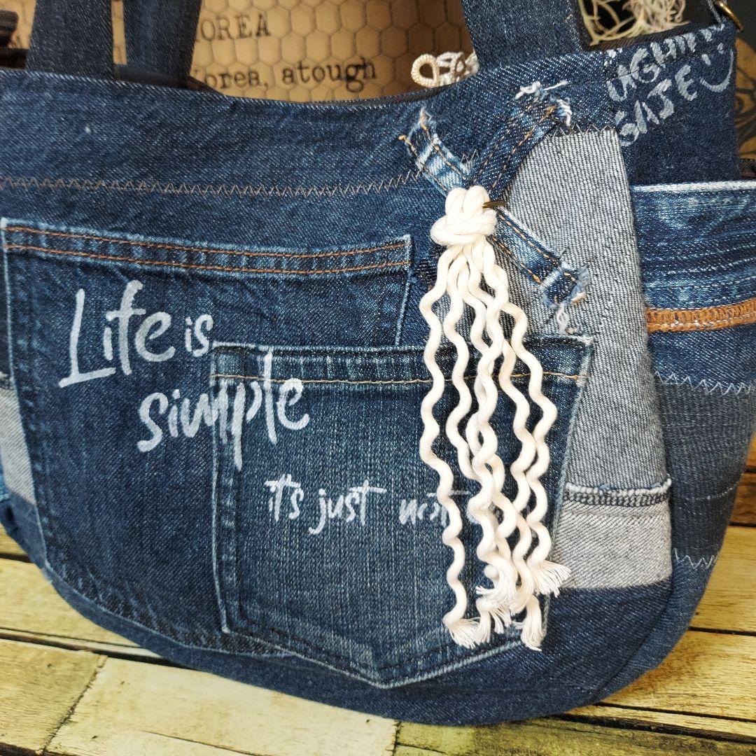 刺繍デニムバック　No.671　デニムリメイク　刺繍バック　サイドポケット