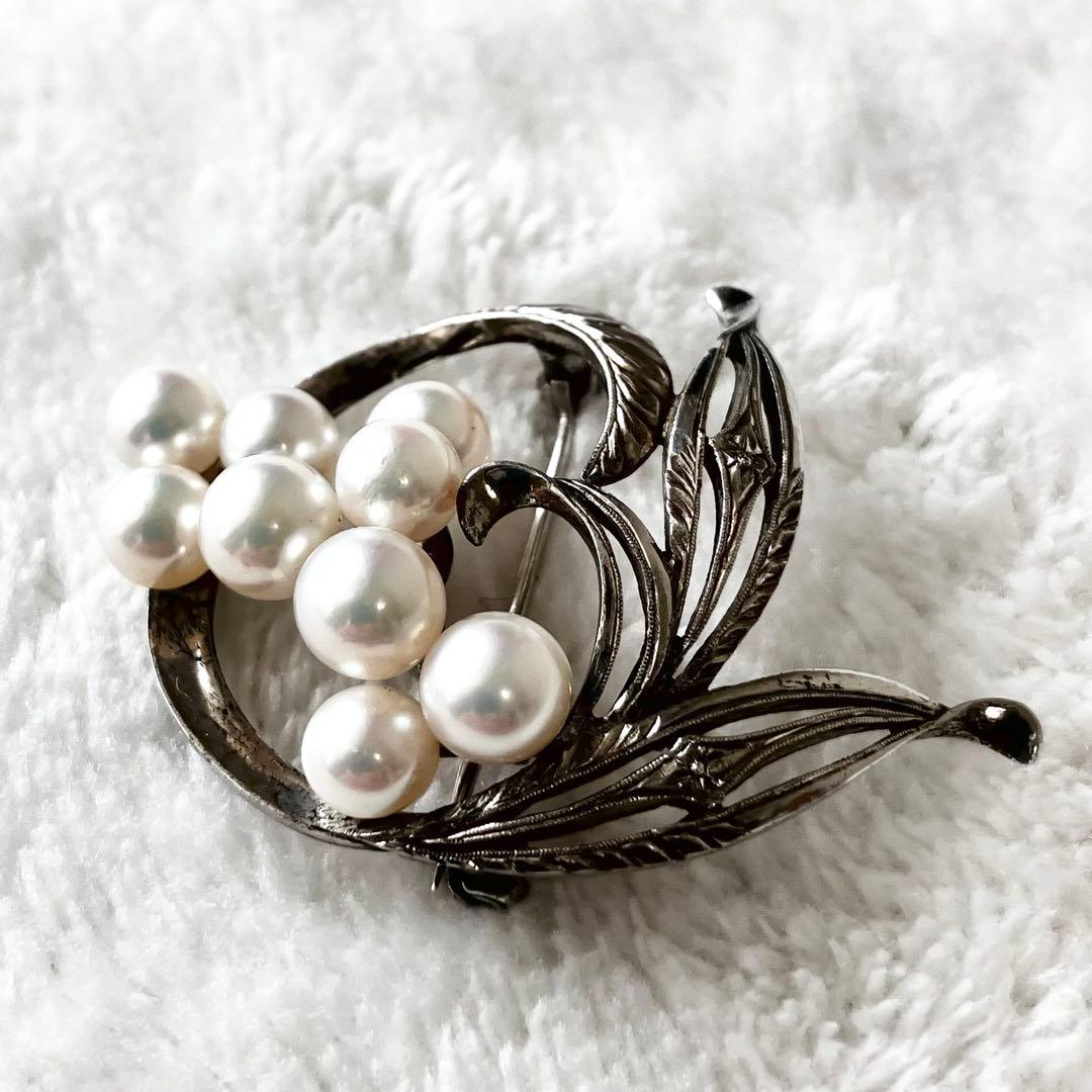 ★美品★ミキモト　パールブローチ　あこや真珠　　シルバー　7粒　リーフ　ハート