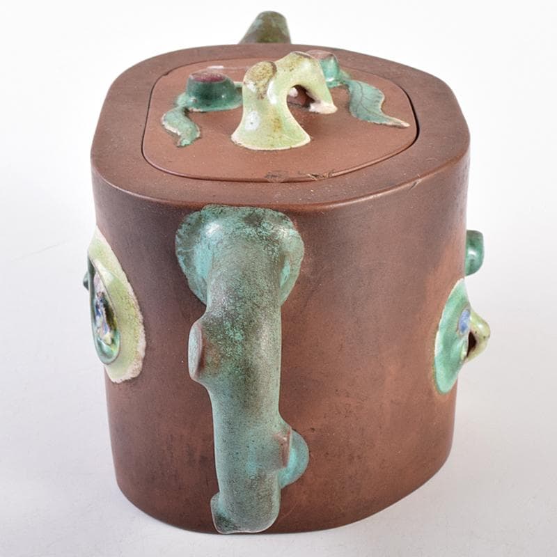 中国　宣興紫砂銘　紫砂　朱泥　色絵桃文　急須　茶壷　D　R7722