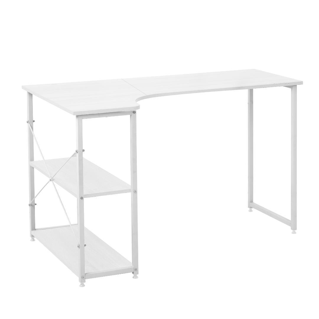 ホワイト パソコンデスクL字120cm2段ラック付デスク木製ミシン台書斎机勉強机