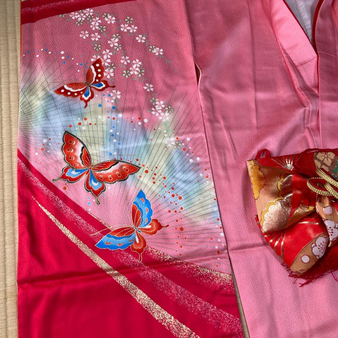 女の子　七五三　着物 ピンク 蝶模様 帯付き