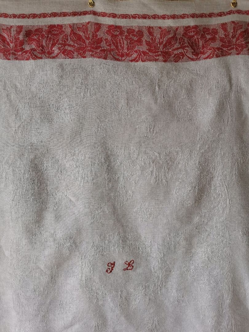 アンティーク ダマスクリネン 風鈴草 釣鐘草 百合の大判クロス フランス購入