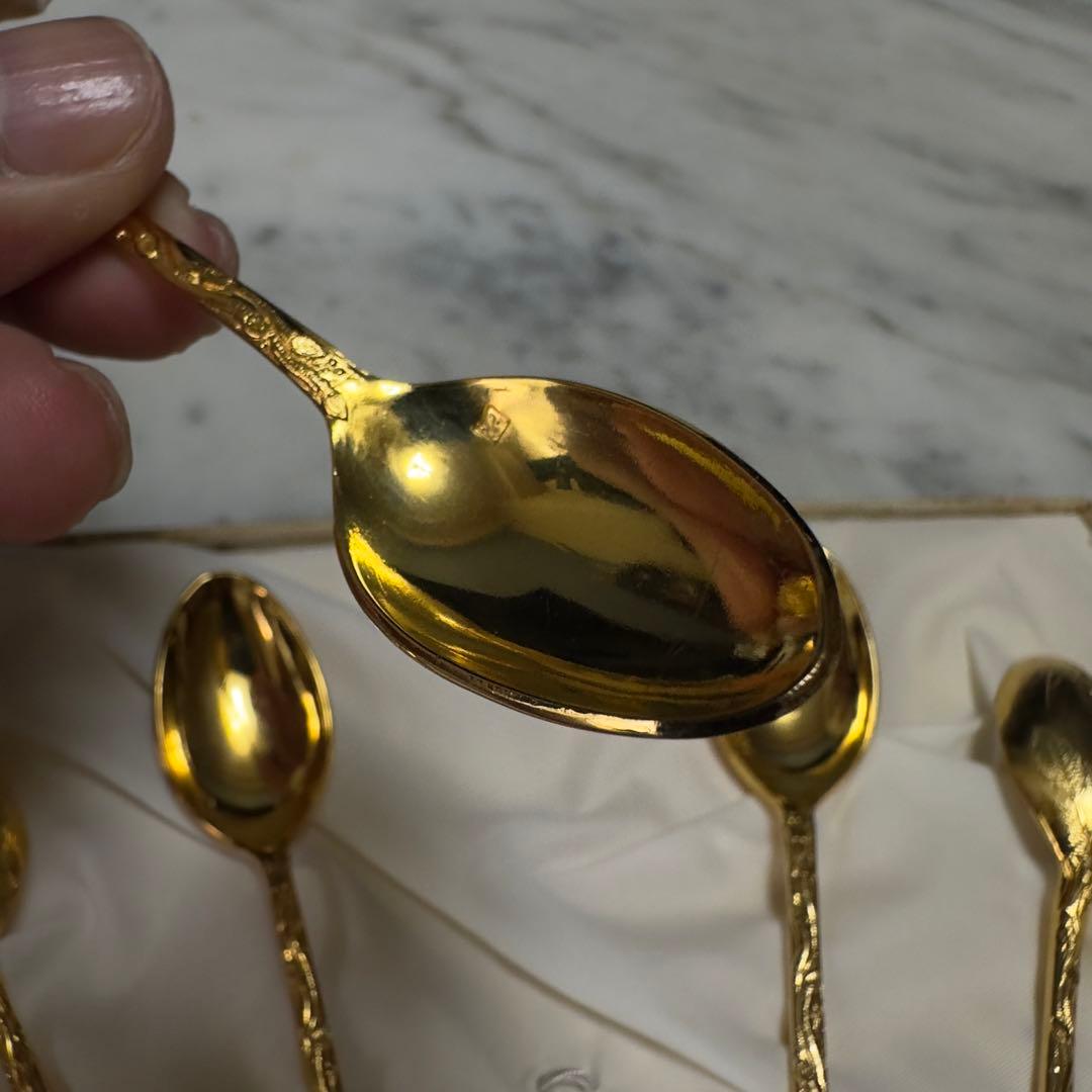 24金メッキ ティースプーン 6本　葉の模様　アンティーク