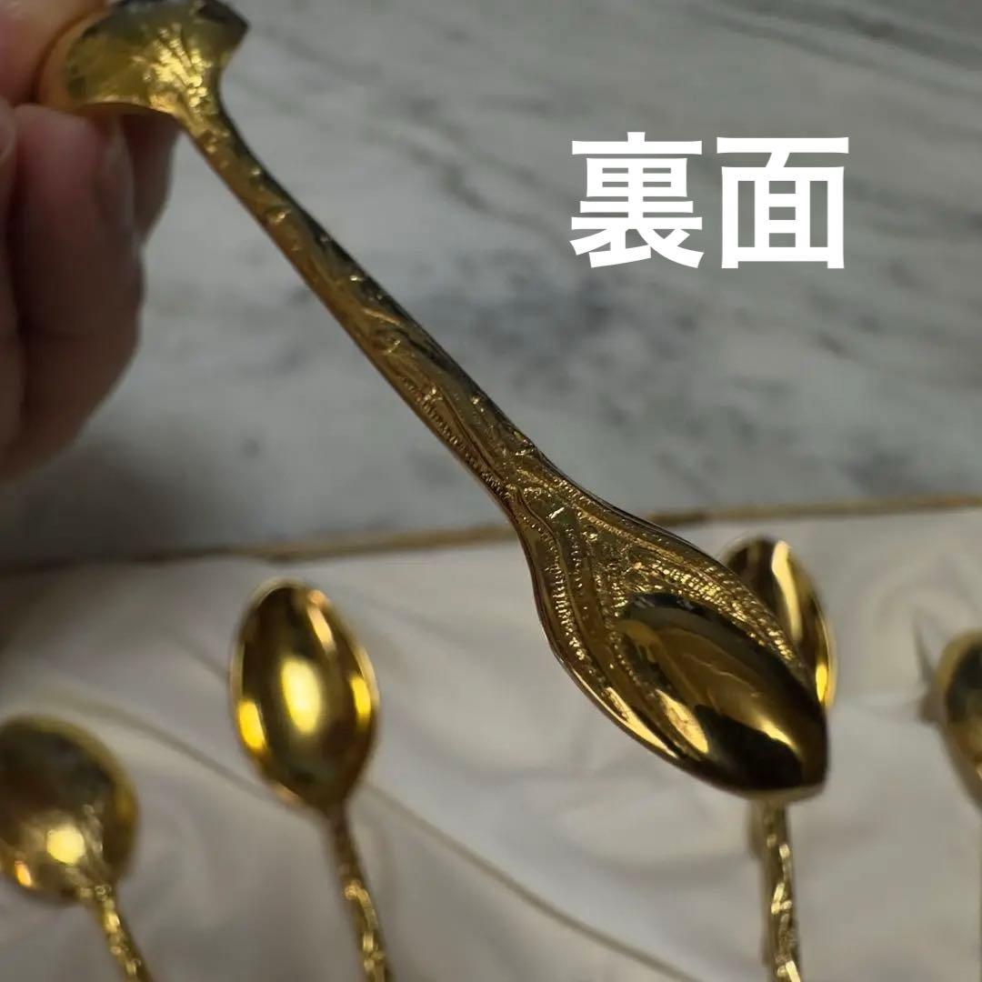 24金メッキ ティースプーン 6本　葉の模様　アンティーク