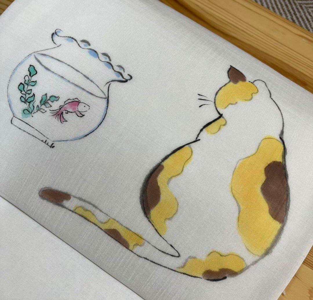 軽装帯　手描き　猫　金魚 ポリエステル