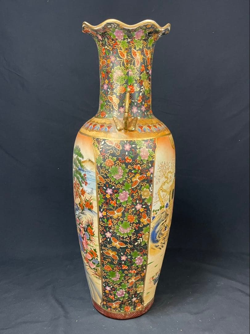 薩摩焼 特大 飾壺 金彩 美人画 金襴手 双耳 花蝶図 青粒置物 花瓶