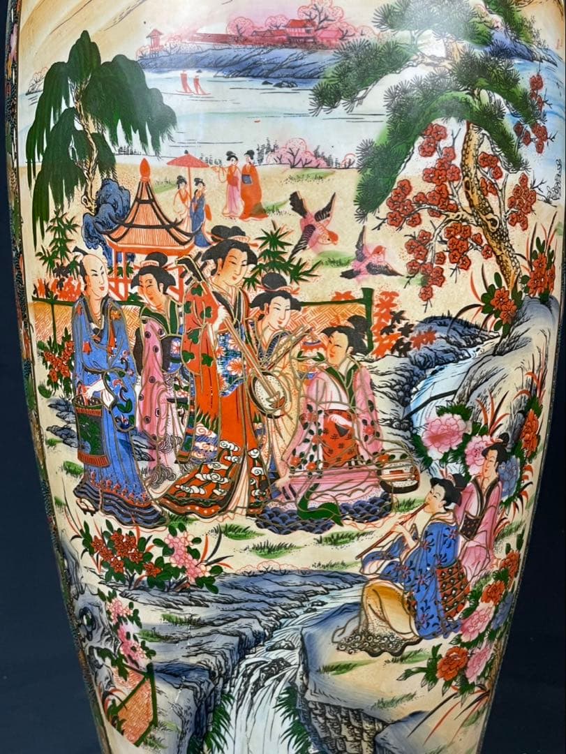 薩摩焼 特大 飾壺 金彩 美人画 金襴手 双耳 花蝶図 青粒置物 花瓶