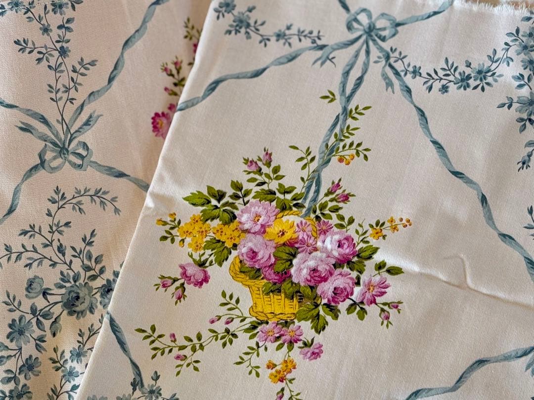 フランス　アンティーク　ファブリック＊リボンとフラワーバスケット＊Textile
