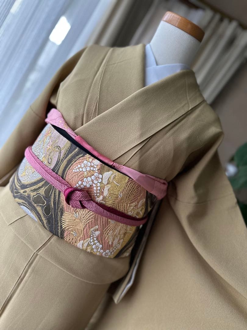 付け下げ訪問着 辛子色 正絹 高級ちりめん素材に汕頭刺繍 単品