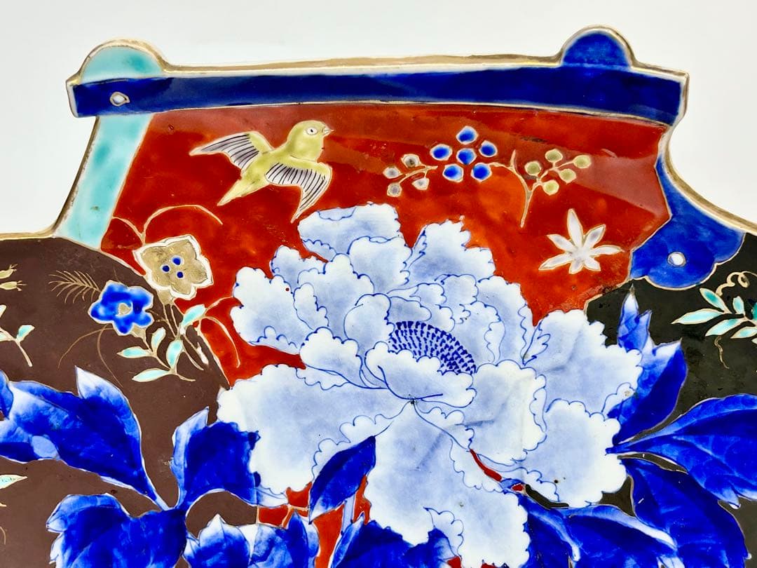 明治初期 香蘭社 染錦牡丹文団扇形皿 伊万里 有田