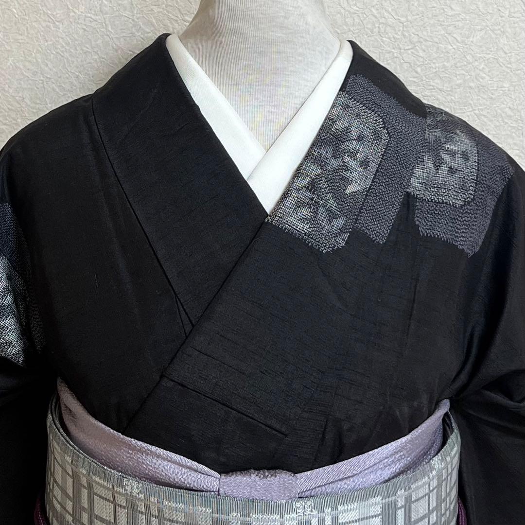 rk-1138 紬 名古屋帯 2点セット 幾何学に葉文様 正絹 黒