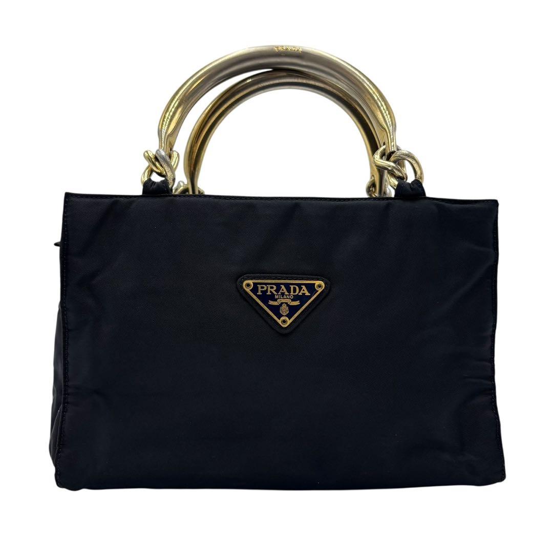 【美品】プラダPRADA ナイロン メタルハンドル ハンドバッグ 黒
