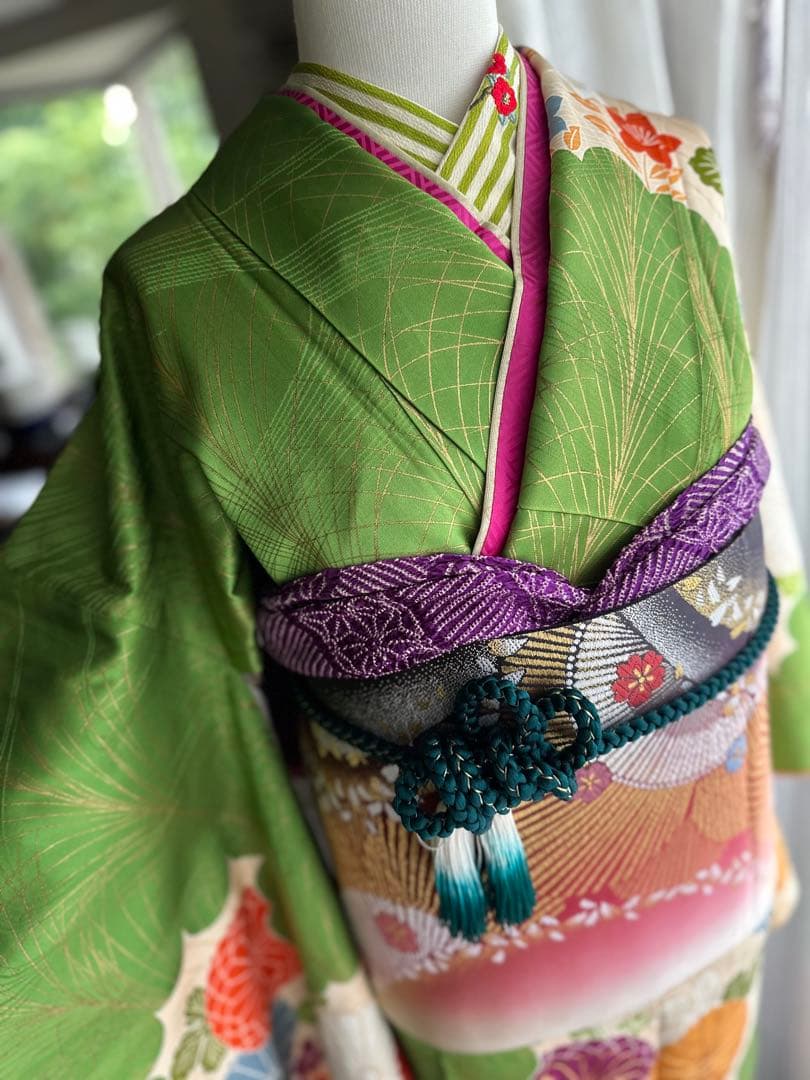 ここさぶた 振袖と長襦袢2点セット グリーン×カスタードクリーム 古典柄