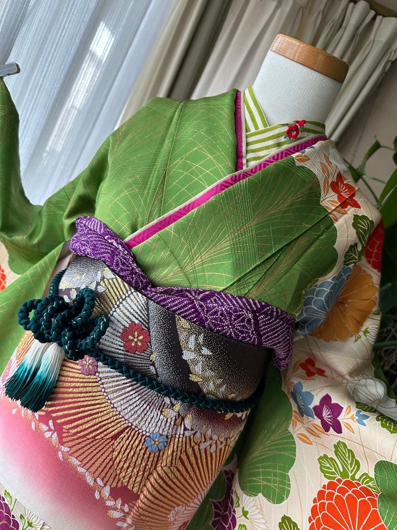 ここさぶた 振袖と長襦袢2点セット グリーン×カスタードクリーム 古典柄