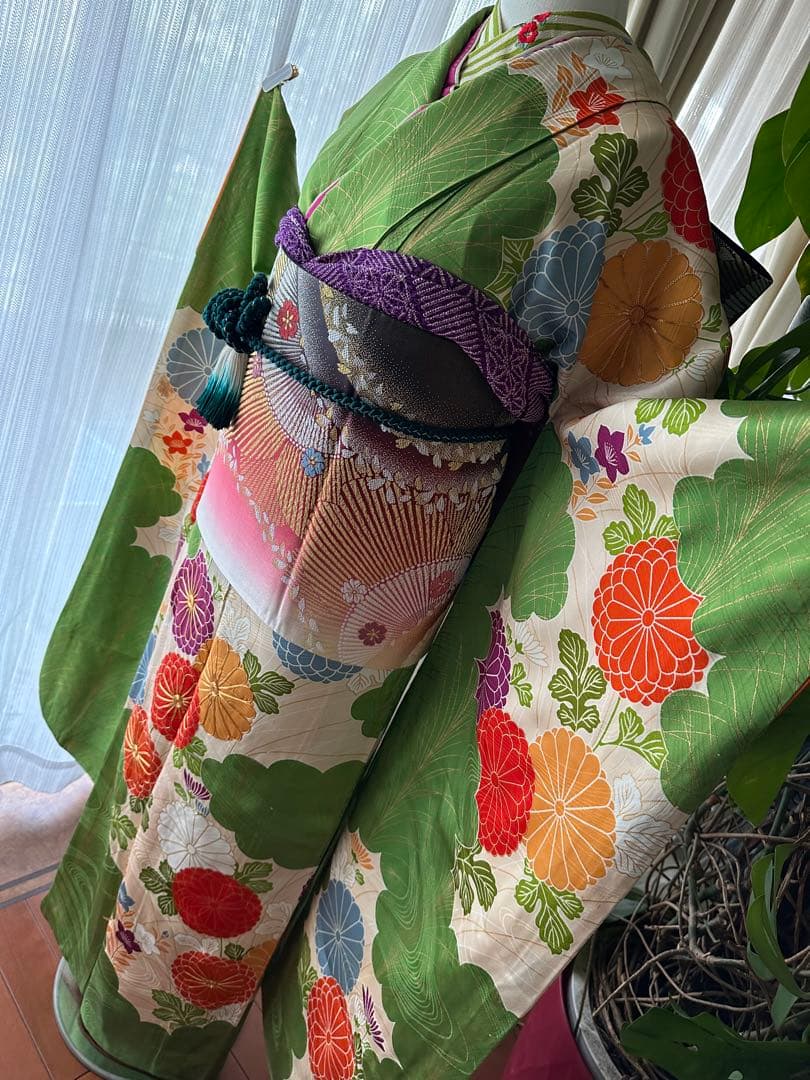 ここさぶた 振袖と長襦袢2点セット グリーン×カスタードクリーム 古典柄