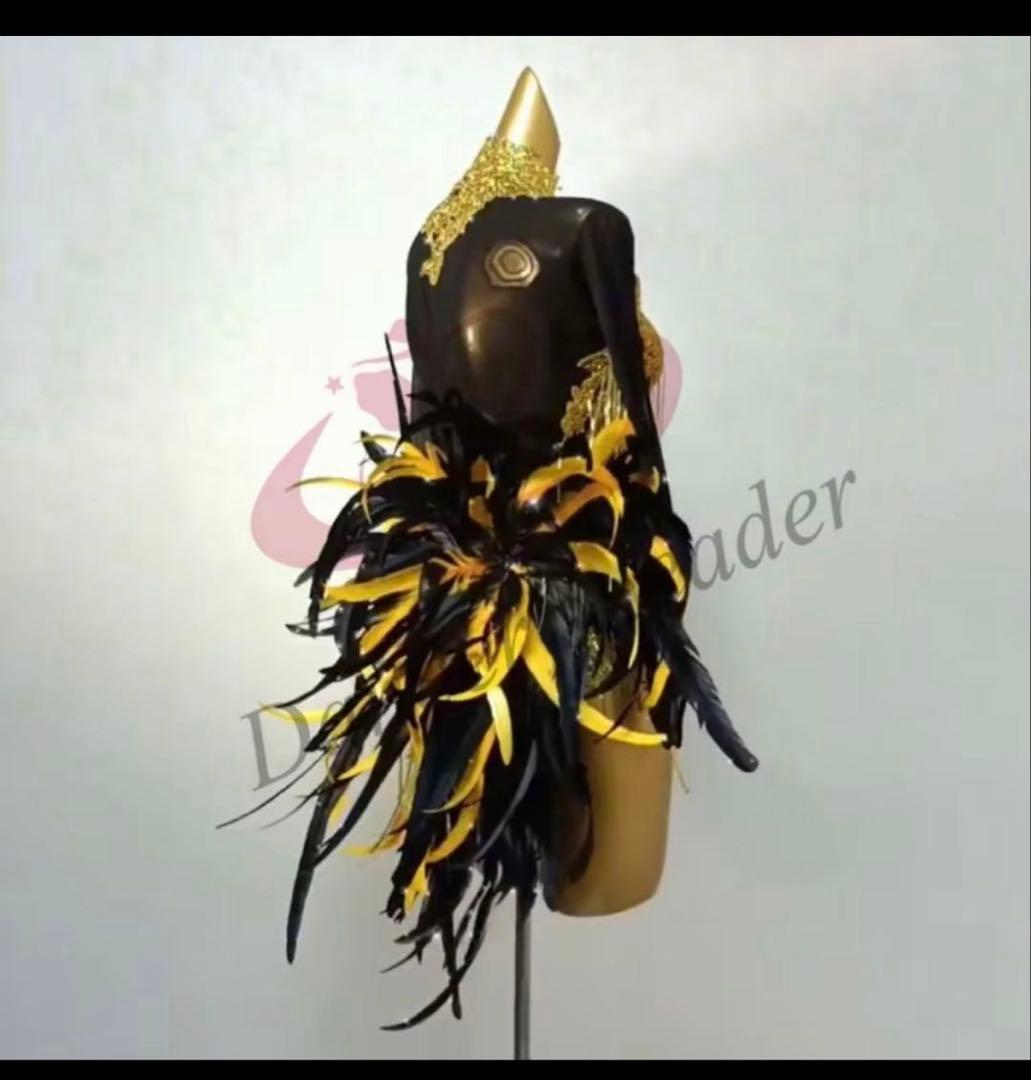 社交ダンス　ゴールドブラック　ゴージャス　ラテン　ドレス　M 羽　フェザーテール