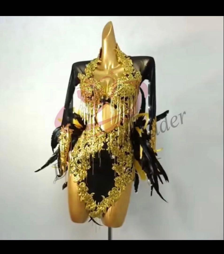 社交ダンス　ゴールドブラック　ゴージャス　ラテン　ドレス　M 羽　フェザーテール