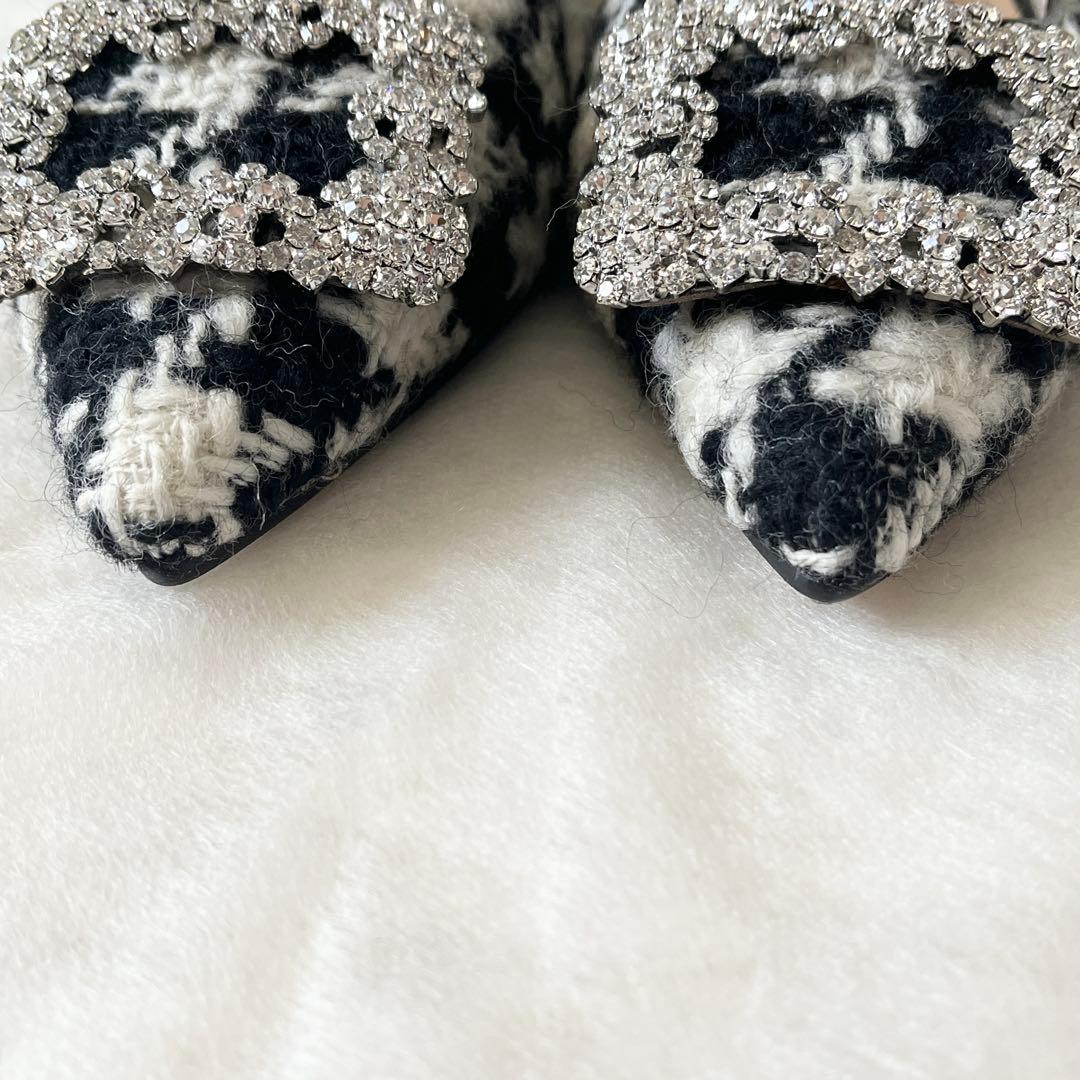 新品未使用✨OHGA オオガ　ツイード　千鳥柄　フラットシューズ　ビジュー