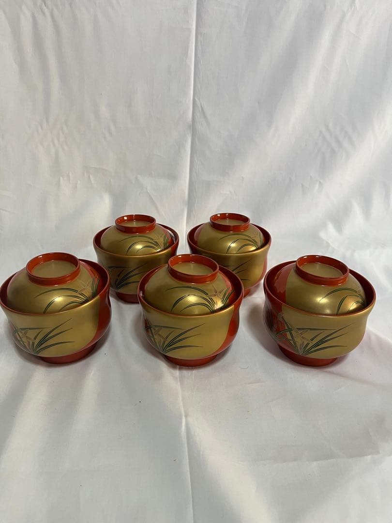 未使用品 輪島塗 吸物椀 5個セット 桐箱 金彩蒔絵 漆器 工藝品
