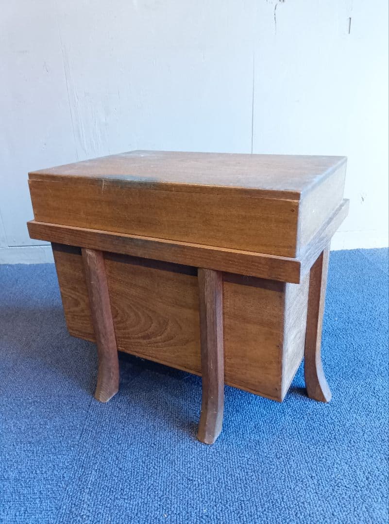 木製脚付き収納箱　蓋・中蓋２枚付　ヴィンテージ