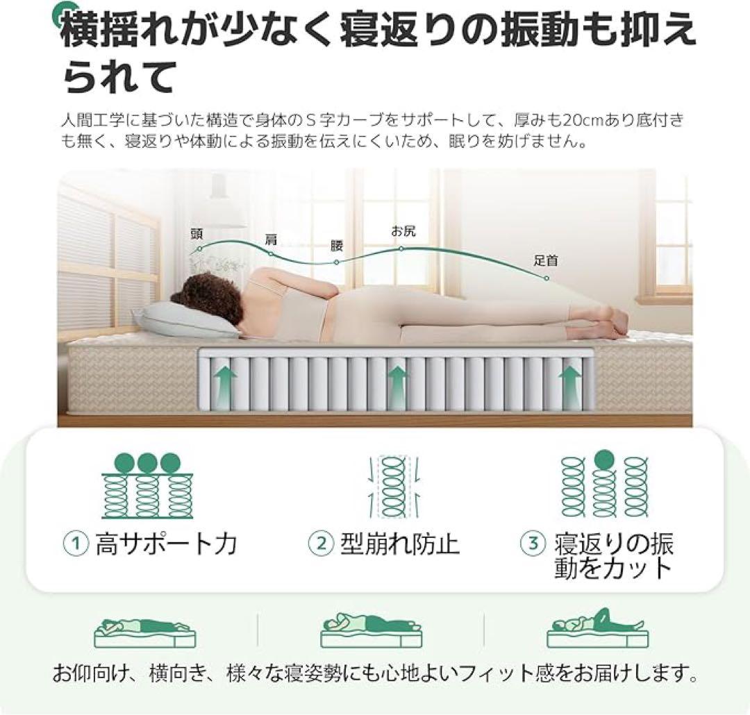 マットレス セミダブル 極厚20cm 硬め ポケットコイル 硬さ180N 高反発
