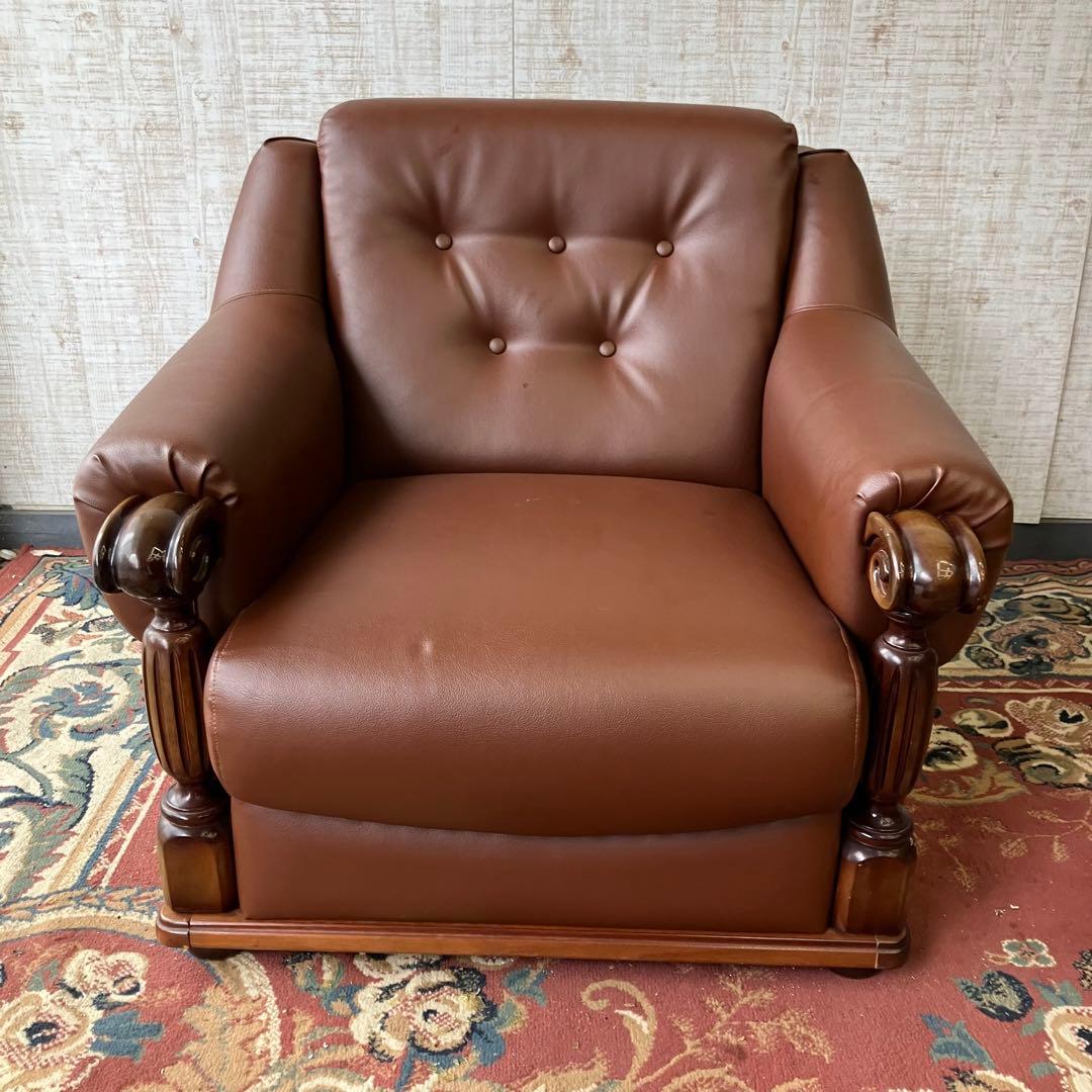 ① 昭和レトロ オールドカリモク レザーソファー 1人掛けソファー ロビーチェア