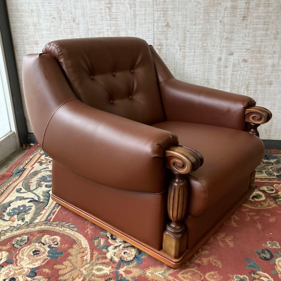 ① 昭和レトロ オールドカリモク レザーソファー 1人掛けソファー ロビーチェア
