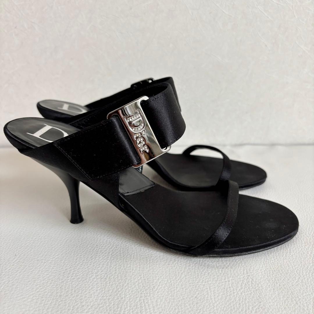 【クリスチャンディオール】ロゴ サテン ミュール ヒール 黒 35 1/2