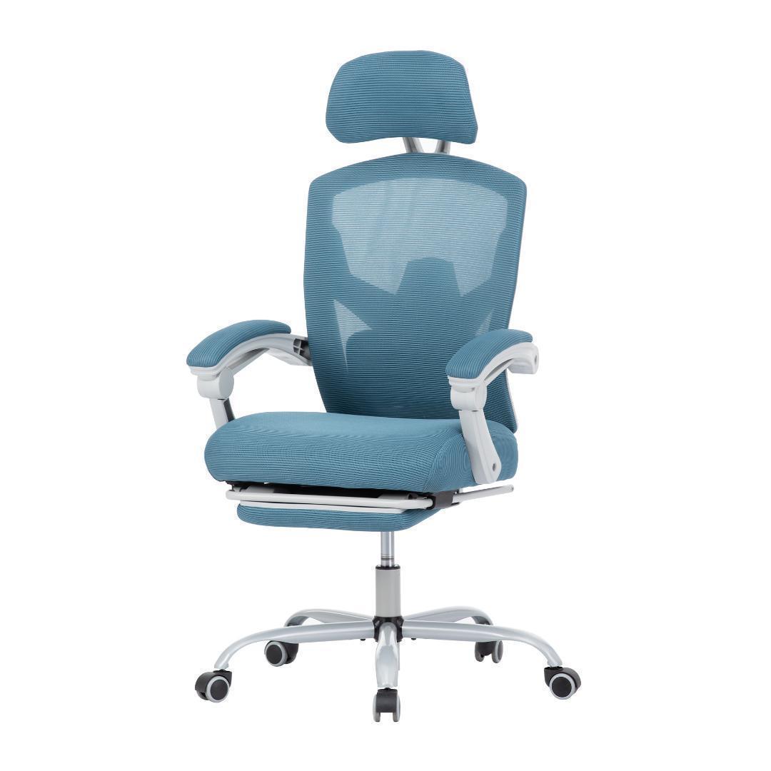 オフィスチェア事務所チェアリクライニング機能足載せ付きロッキング機能 【ブルー】